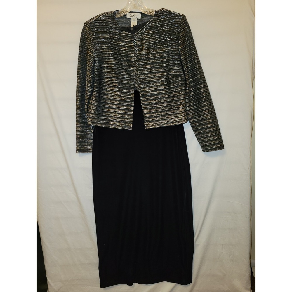 Patra Black Velvet Jacket Dress 14 Silver Stripe Long Evening Stretch Vintage C3